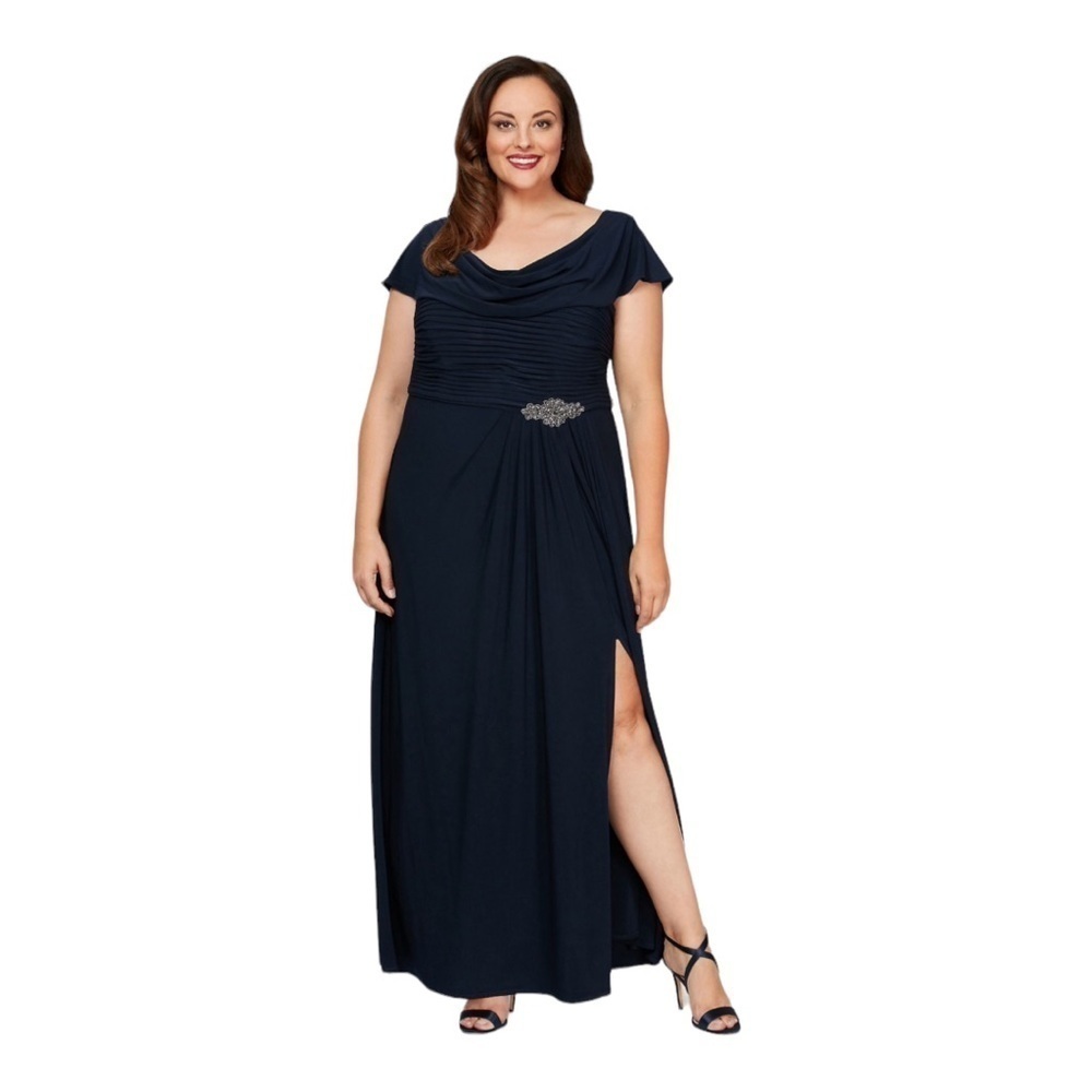 Stenay Navy Blue Draped Collar Pleated Bodice High Slit Jewel Waist Maxi Dress